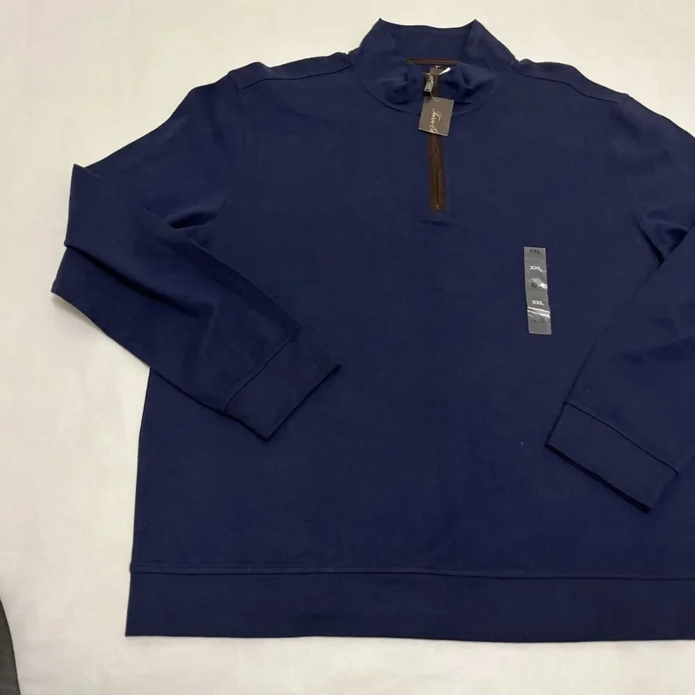 TASSO ELBA Men's 1/4 Zip Pullover Sweater Cotton Faux Suede Navy Blue Size 2XL